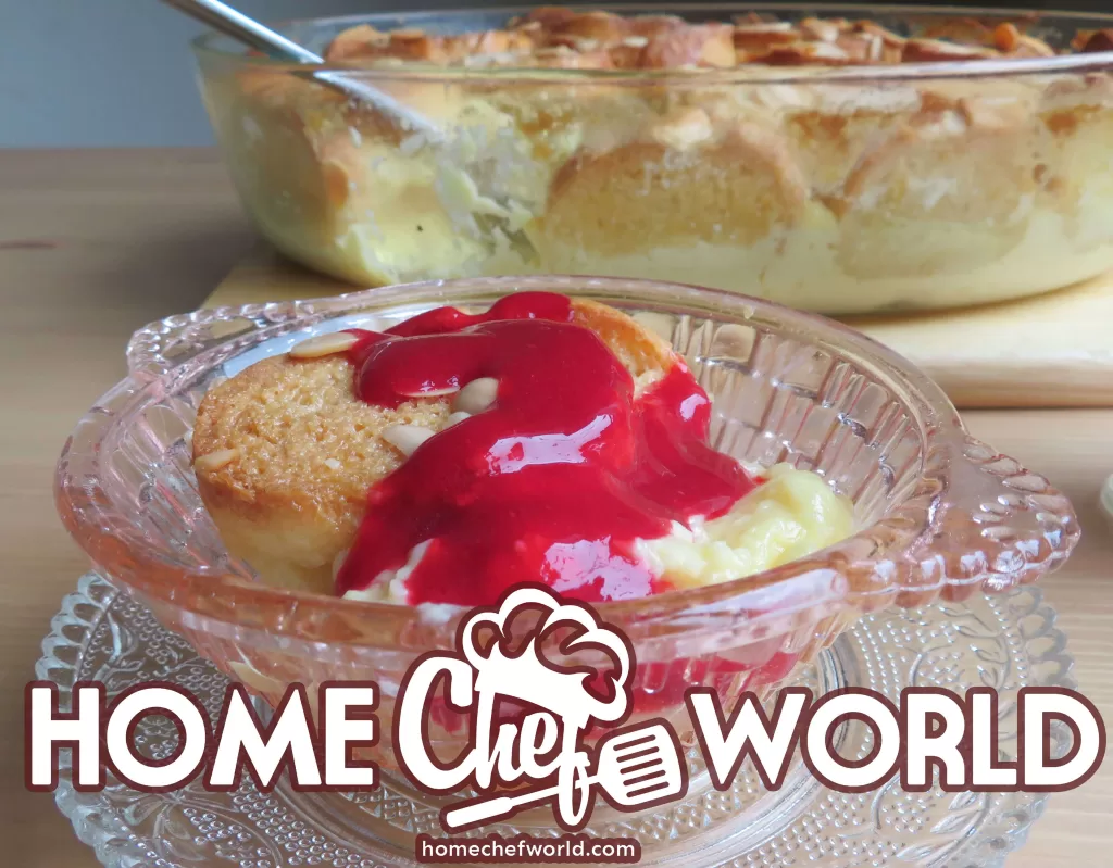 white chocolate bread pudding with raspberry sauce
