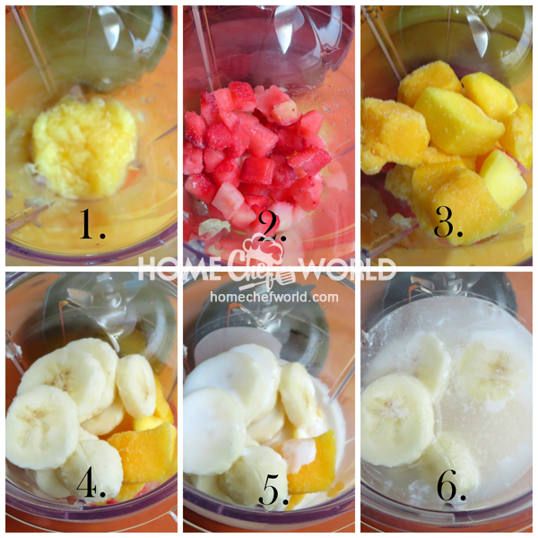 Combining Ingredients in Smoothie Maker for Tropical Smoothie