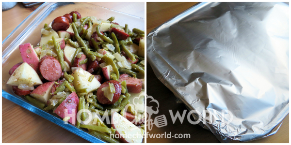 Prepping Sausage Green Bean & Potatoes for Oven