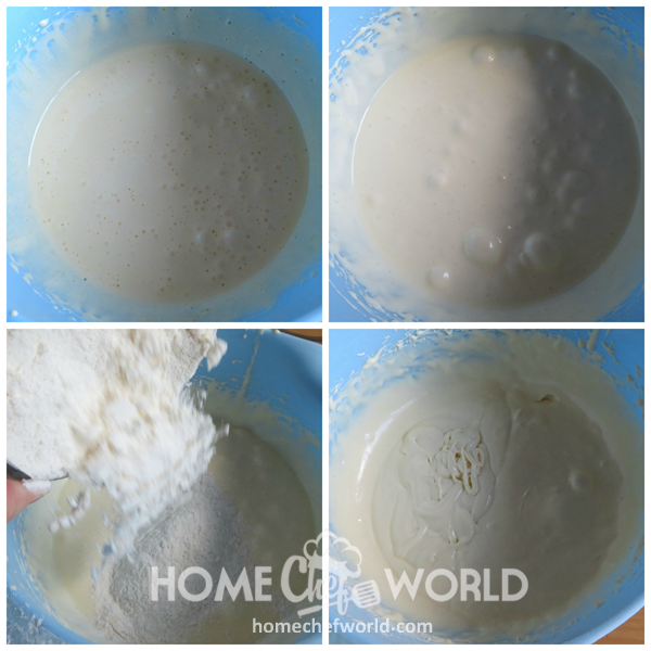 Vanilla Magic Custard Cake Beating Yolks and Adding Flour